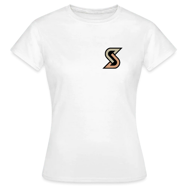 Weißes Damen T-Shirt aus Baumwolle mit kleinem, stilisiertem S-Logo auf der Brust.