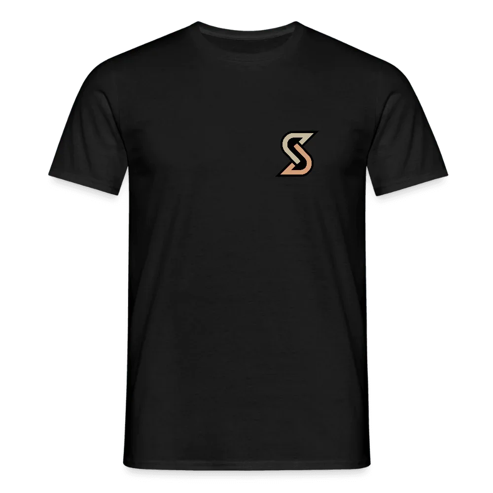 Zwart heren T-shirt van 100% katoen met klein, gestileerd “S”-logo op de borst.