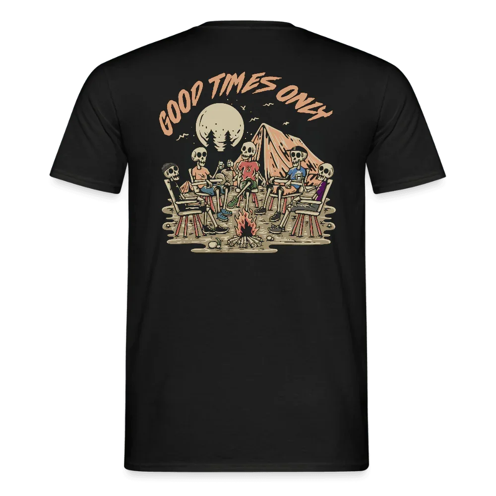 Zwart heren T-shirt met “Good Times Only” opdruk en skeletten kamperen bij kampvuur.