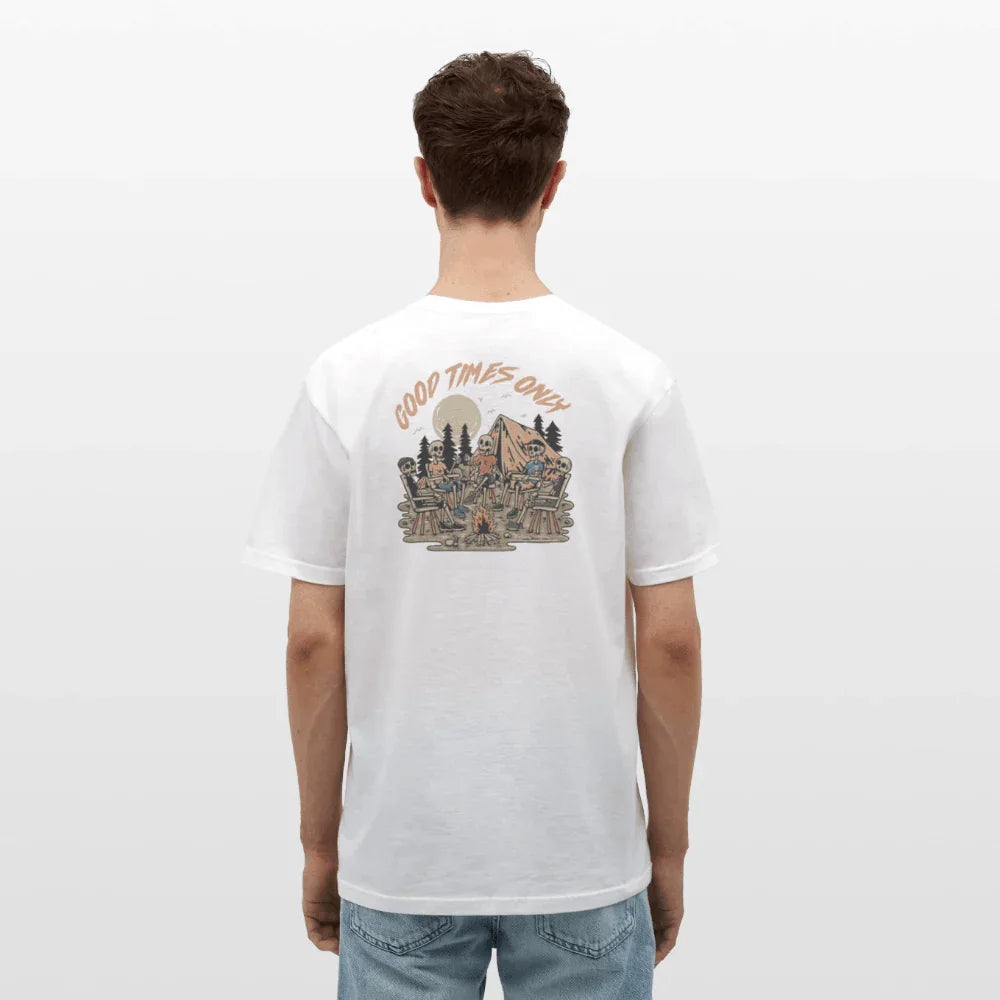 Wit heren T-shirt van katoen met “Good Times Only” camping-skelet-print op de rug.