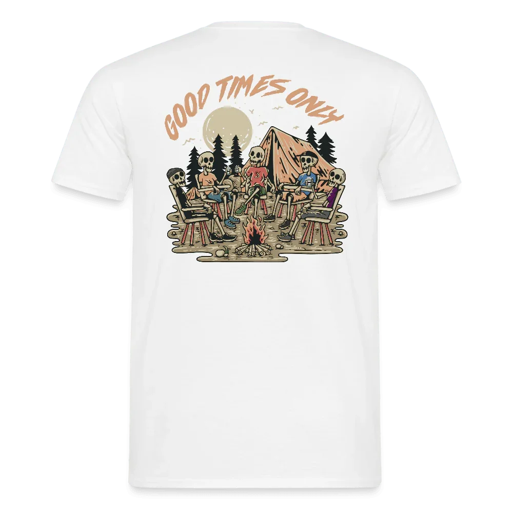 Wit heren T-shirt met “Good Times Only” opdruk en camping-skelet motief op de rug.