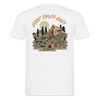 Vit herr-t-shirt med “Good Times Only”-text och camping-skelett-motiv på ryggen.