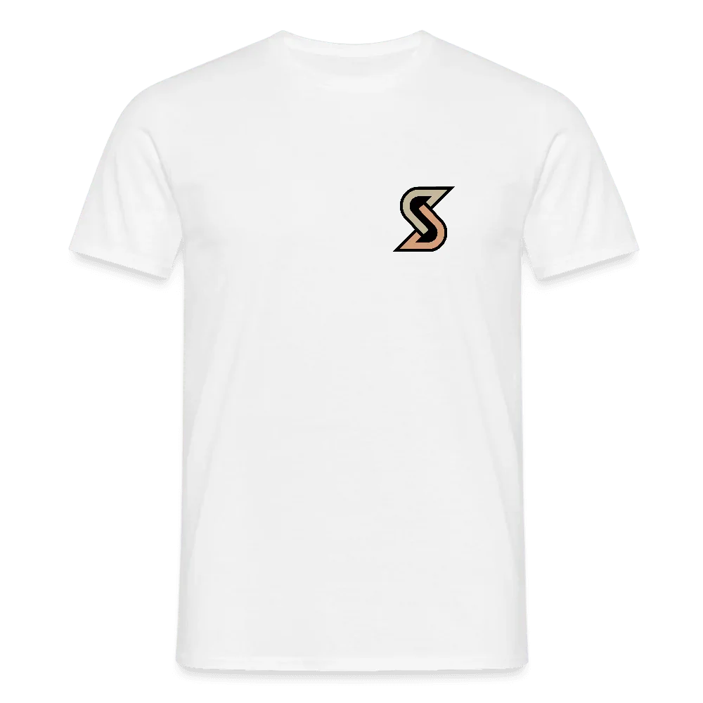 Wit heren T-shirt van 100% katoen met klein, gestileerd “S”-logo in zwart en beige op de borst.