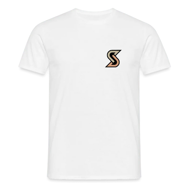 T-shirt blanc pour homme en 100% coton avec petit logo “S” stylisé en noir et beige sur la poitrine.