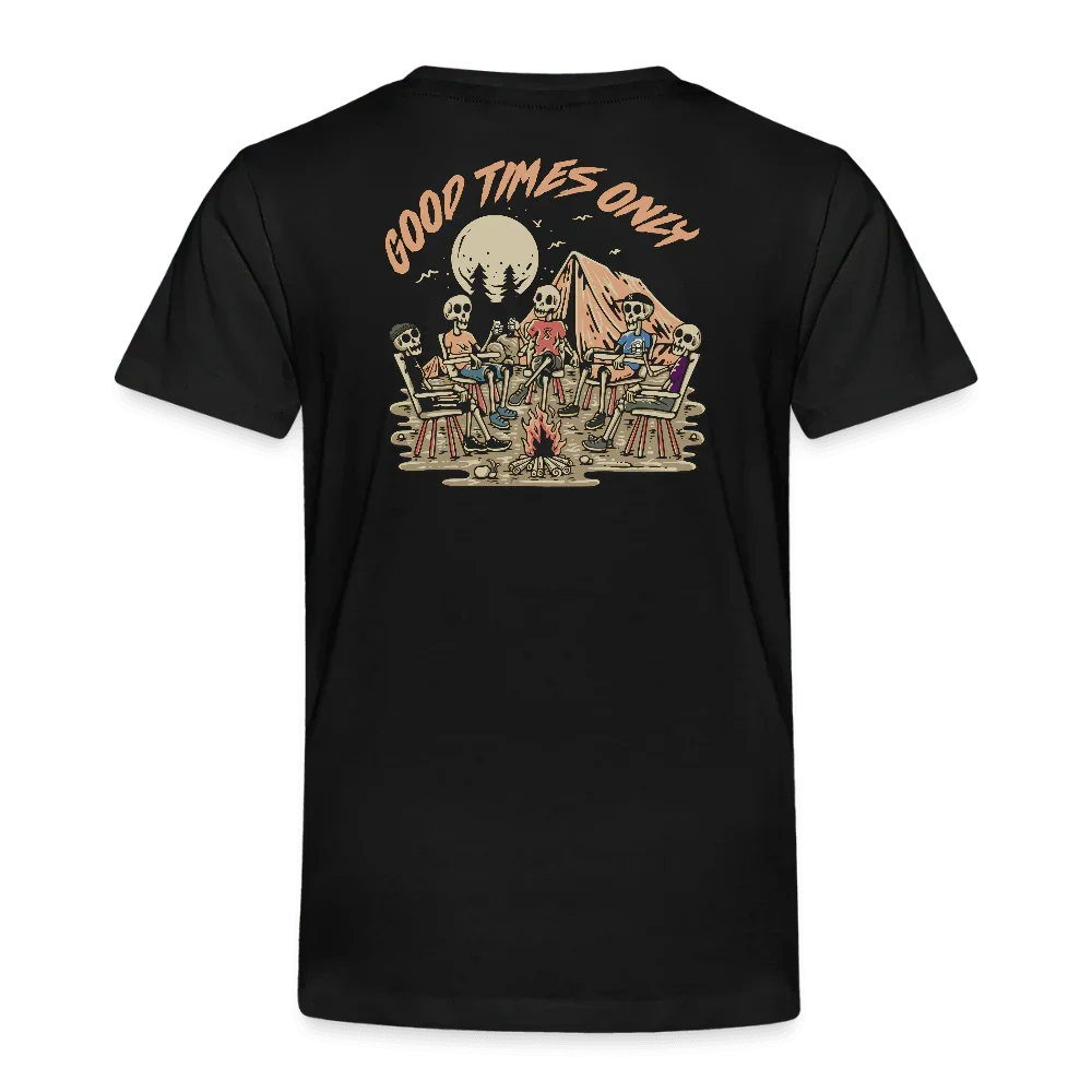 T-shirt nero per bambini in cotone con design scheletro campeggio “Good Times Only” sulla schiena.