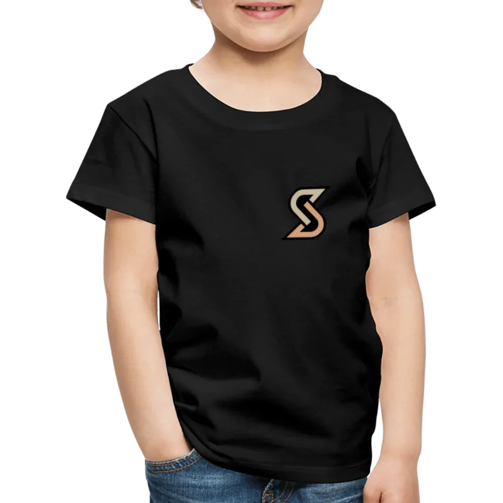 T-shirt nero per bambini in cotone con piccolo logo “S” stilizzato in tonalità oro e rosa sul petto.