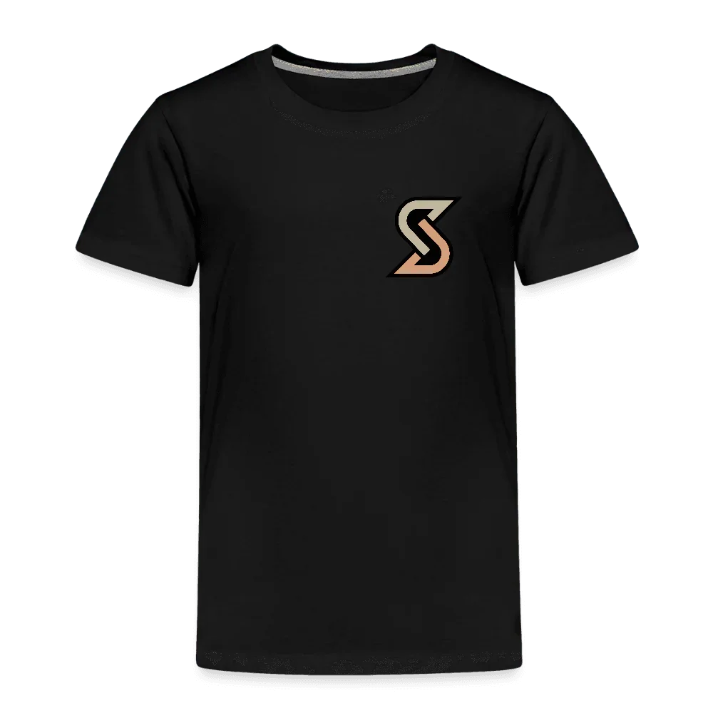 T-shirt Premium nero per bambini in cotone con piccolo logo “S” stilizzato in beige-arancio sul petto.