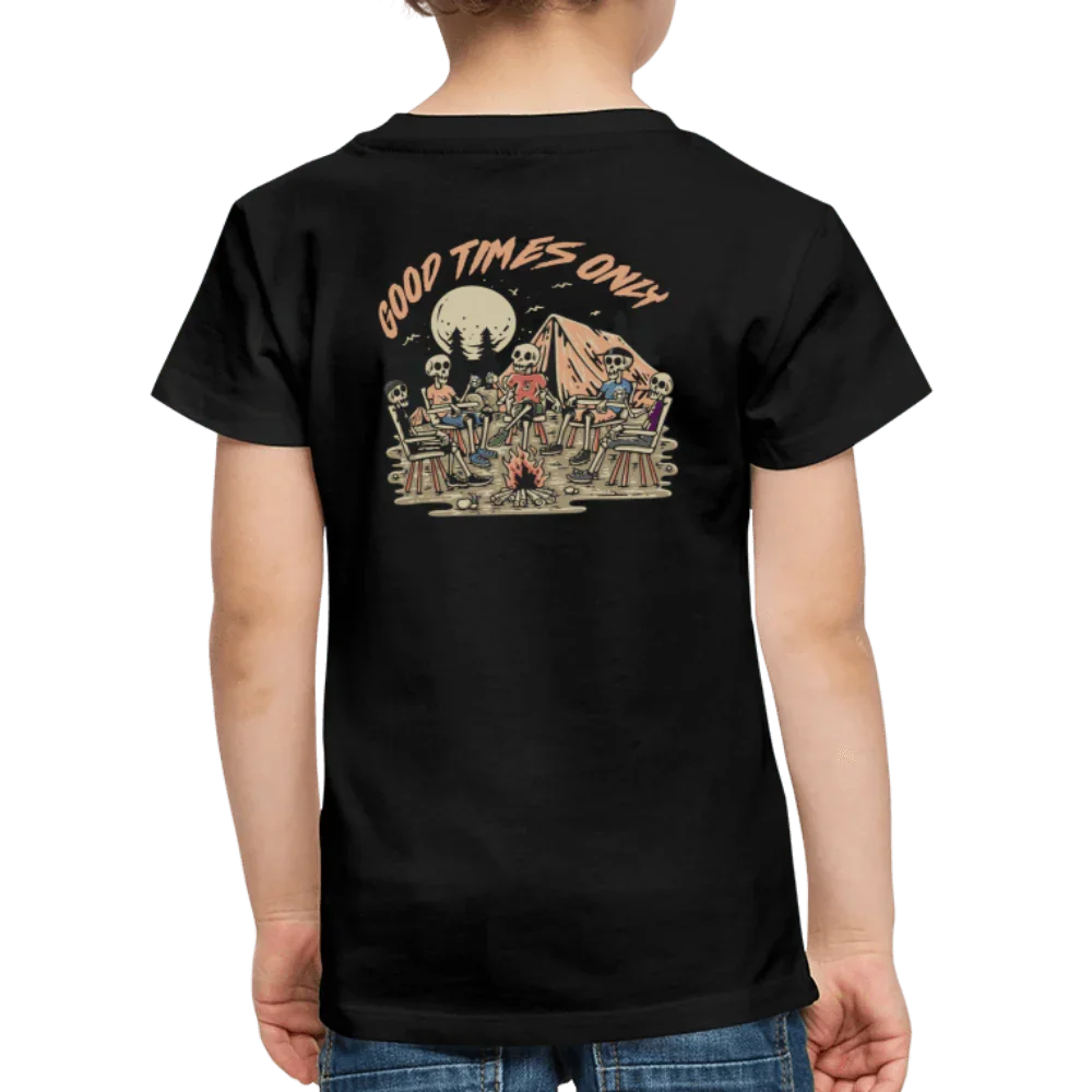 T-shirt nero per bambini con design scheletro “Good Times Only” e campeggio con fuoco da campo.