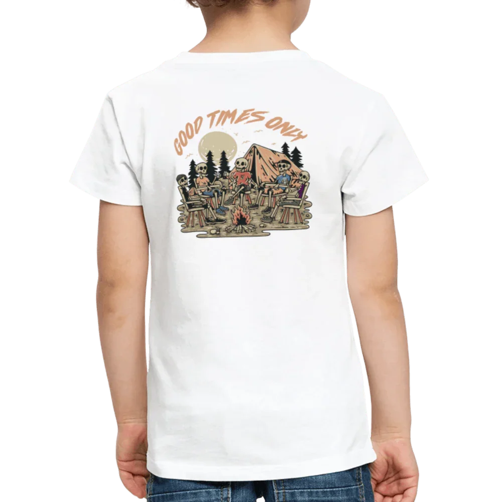 T-shirt bianca per bambini con scritta “Good times only” e motivo scheletro in campeggio.