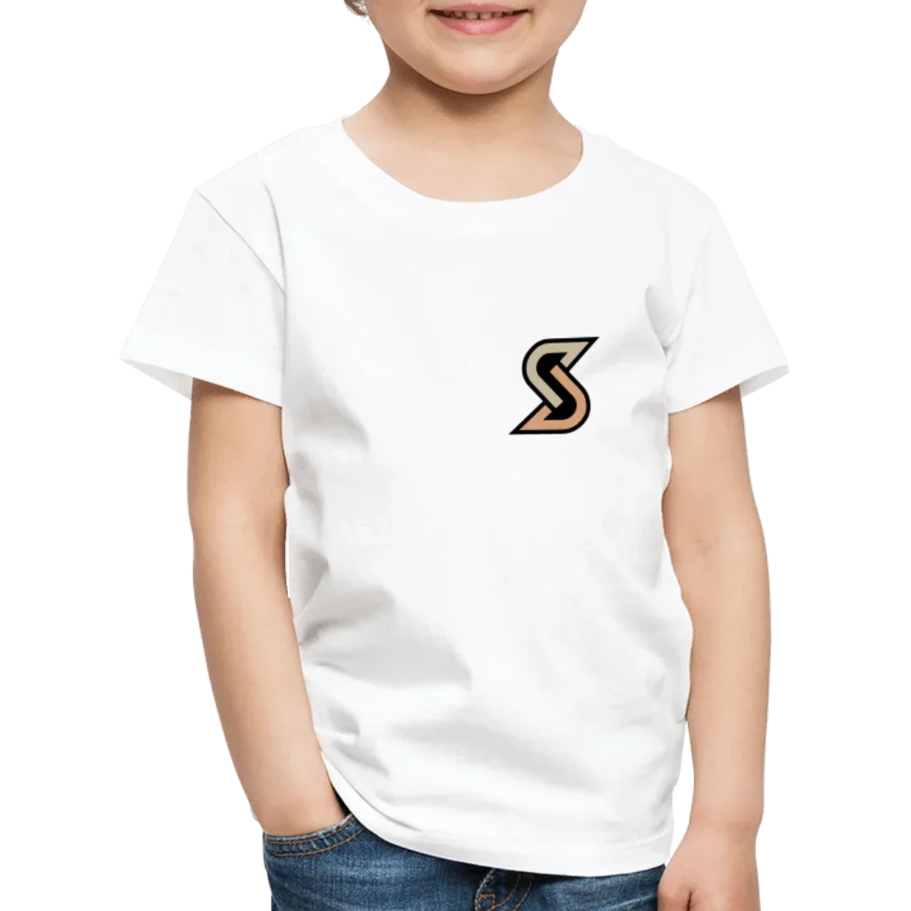 T-shirt premium bianco per bambini in cotone con piccolo logo “S” stilizzato sul petto.