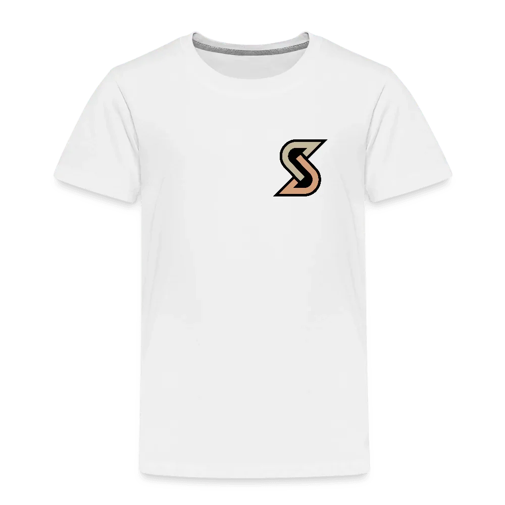 T-shirt premium bianca per bambini in cotone con piccolo logo S bicolore sul petto.