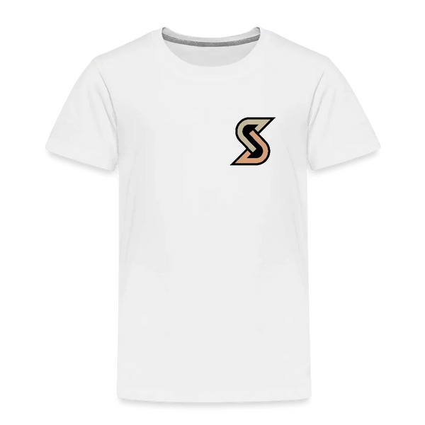Weißes Kinder Premium T-Shirt aus Baumwolle mit kleinem, zweifarbigem S-Logo auf der Brust.