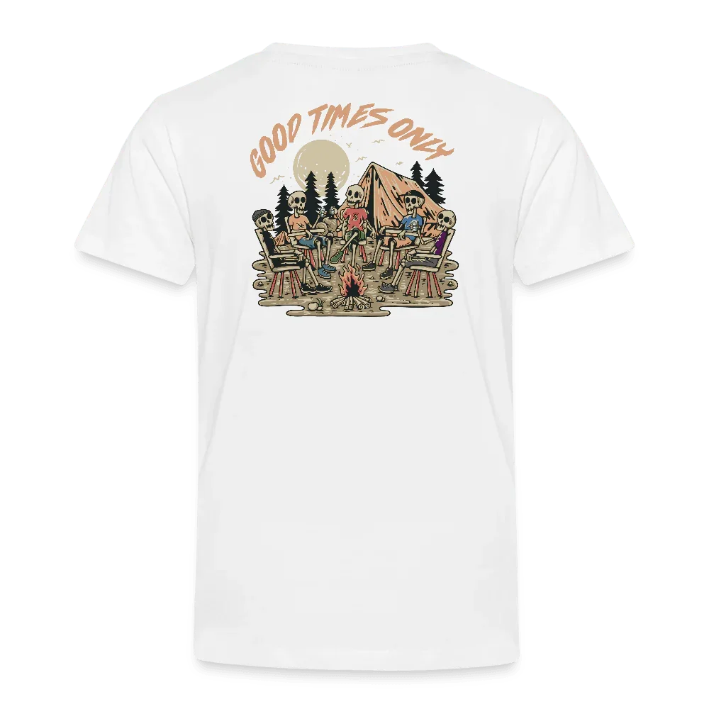 T-shirt bianca per bambini in cotone con design scheletro campeggio “Good Times Only”.