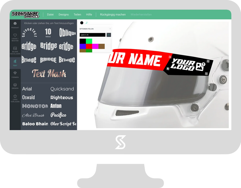 Online editor pro vytvoření červeného banneru na přilbě s “YOUR NAME” a “YOUR LOGO” na bílé přilbě.
