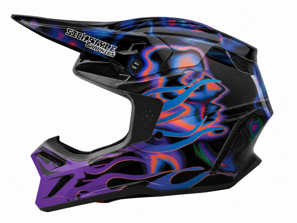 Kask motocyklowy Fox V3 RS z grafiką Flameface od Sickstyle Graphics – niestandardowa okleina kasku w wyrazistym wzorze płomieni