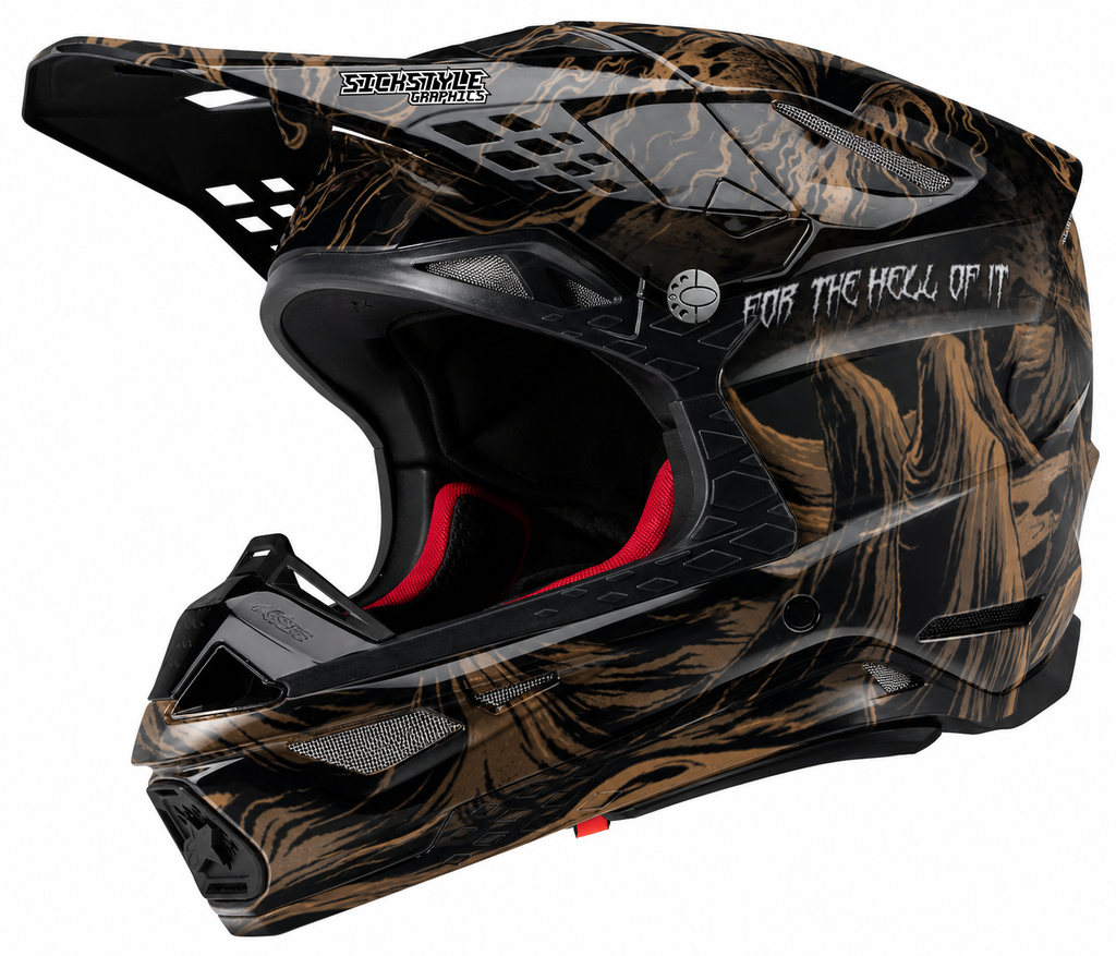Alpinestars Supertech M10 Motocrosshelm mit For The Hell Of It-Helmdekor von Sickstyle Graphics – Custom Helm-Wrap als Statement-Design