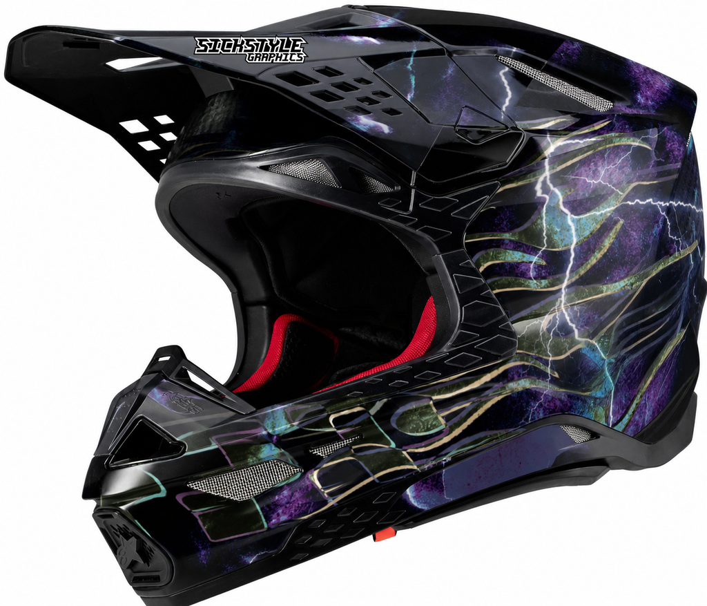 Alpinestars Supertech M10 Motocrosshelm mit Purple Lightning-Helmdekor von Sickstyle Graphics – Custom Helm-Wrap mit violetten Blitzen