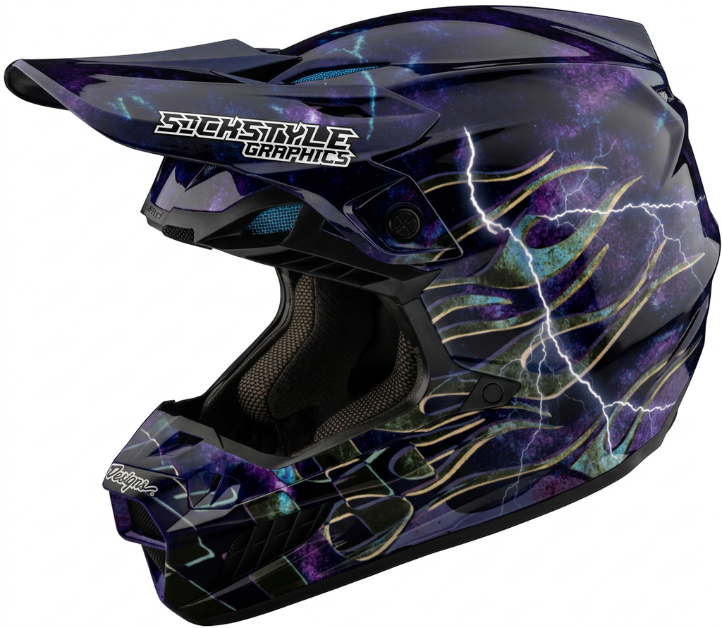 Helmdekor Purple Lightning für Troy Lee Designs Helme – Custom Helm-Wrap von Sickstyle Graphics