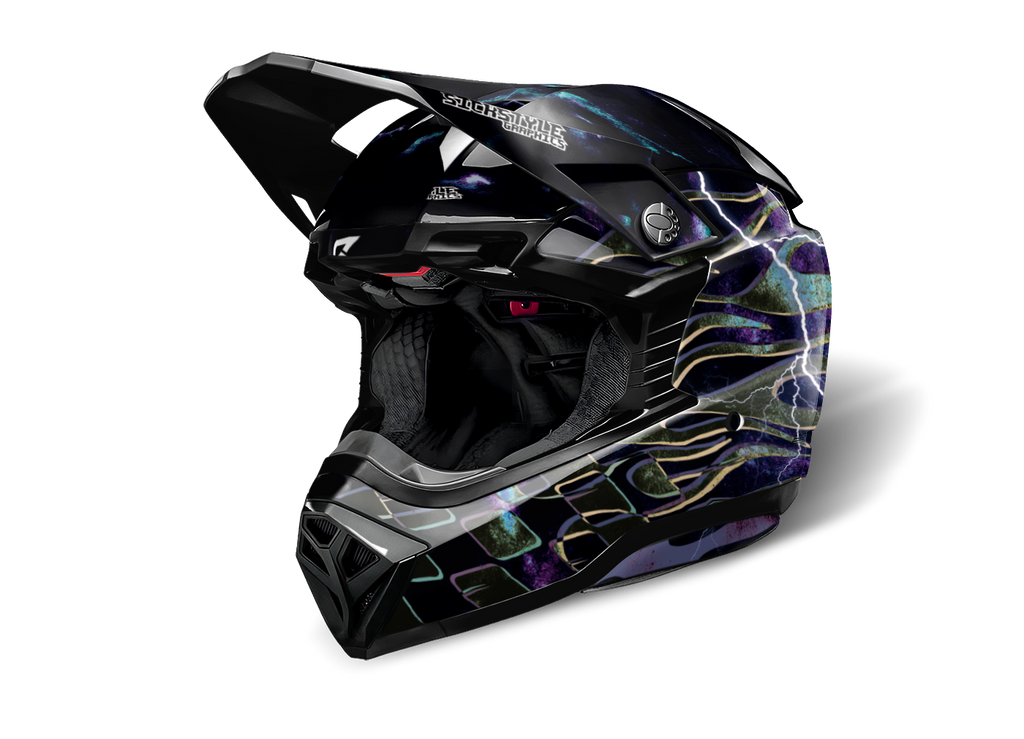 Motorradhelm mit Purple-Lightning-Helmdekor von Sickstyle – Custom Helm-Wrap mit violetten Blitzen