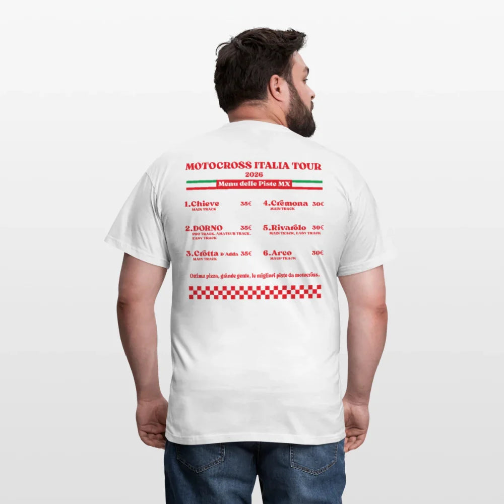 Camiseta blanca para hombre con diseño de menú “Motocross Italia Tour” en rojo y verde en la espalda.