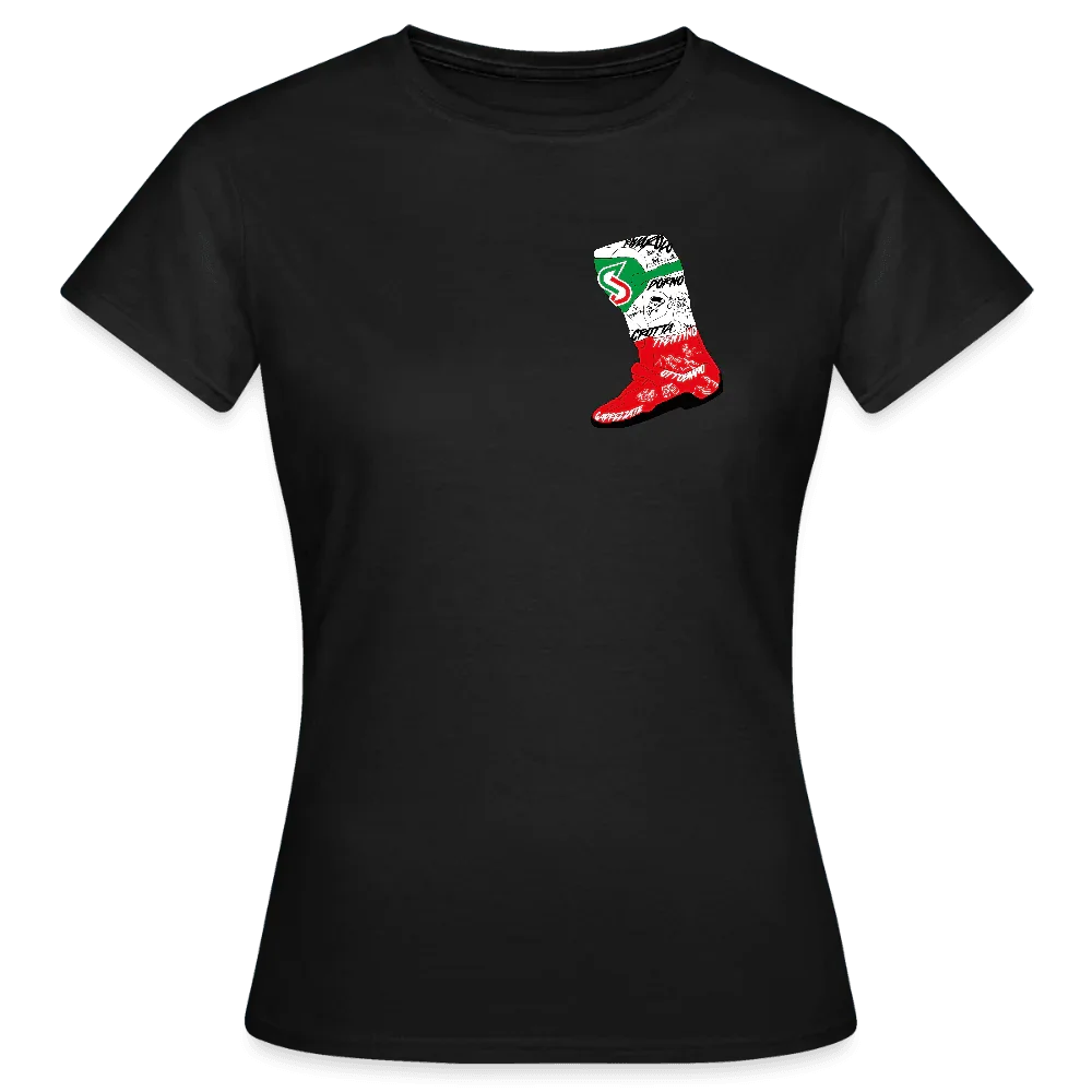 Schwarzes Damen T-Shirt mit Rundhalsausschnitt und verkürzten Ärmeln, bedruckt mit einer Italien-Stiefel-Grafik.