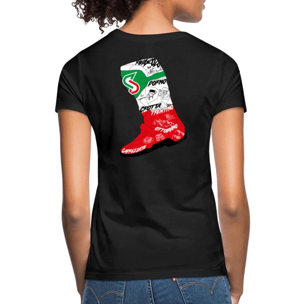 Schwarzes Damen T-Shirt mit italienischer Stiefel-Grafik in Grün, Weiß, Rot und Ortsnamen.