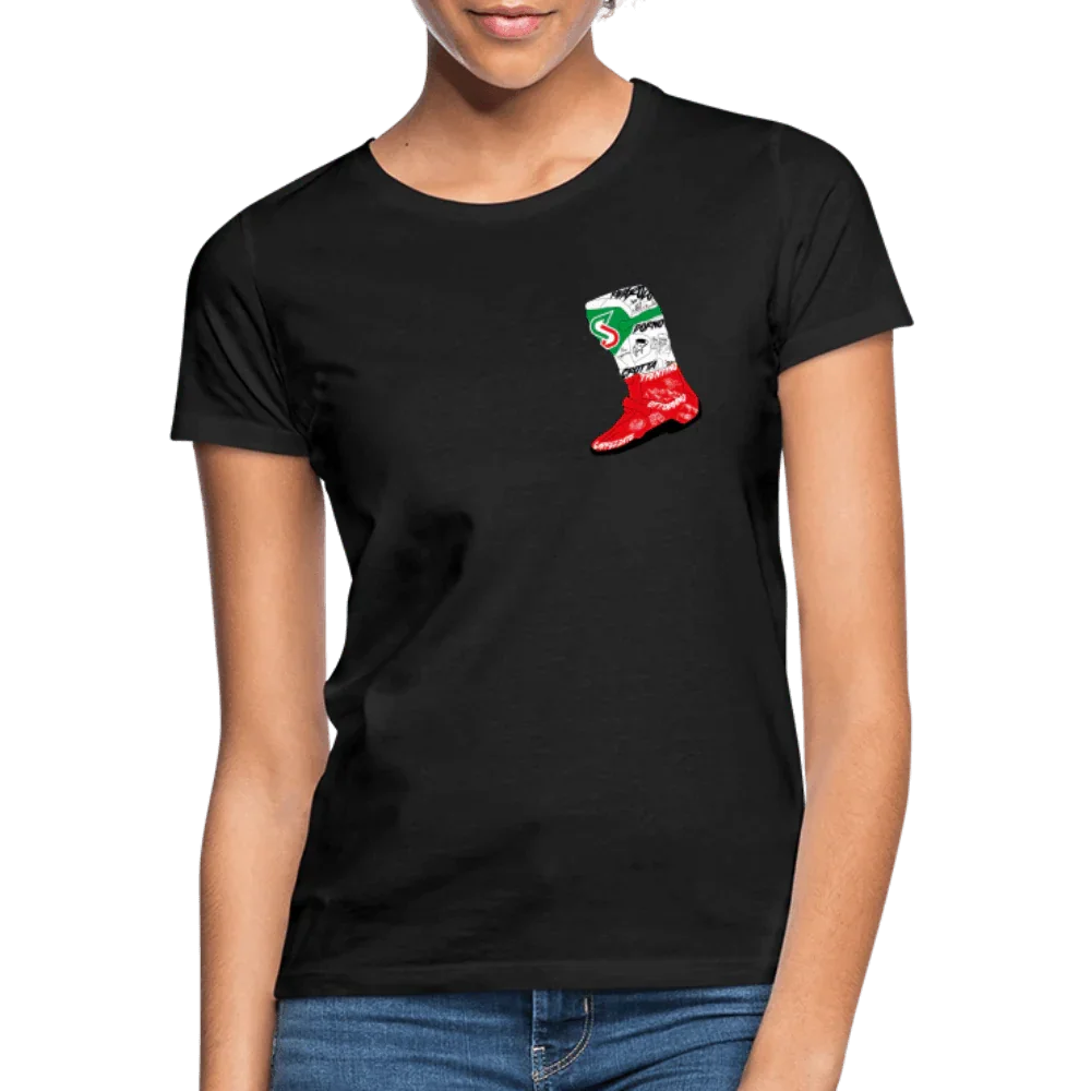 Schwarzes Damen T-Shirt mit kleinem, farbigem Italien-Stiefel-Design auf der Brust.