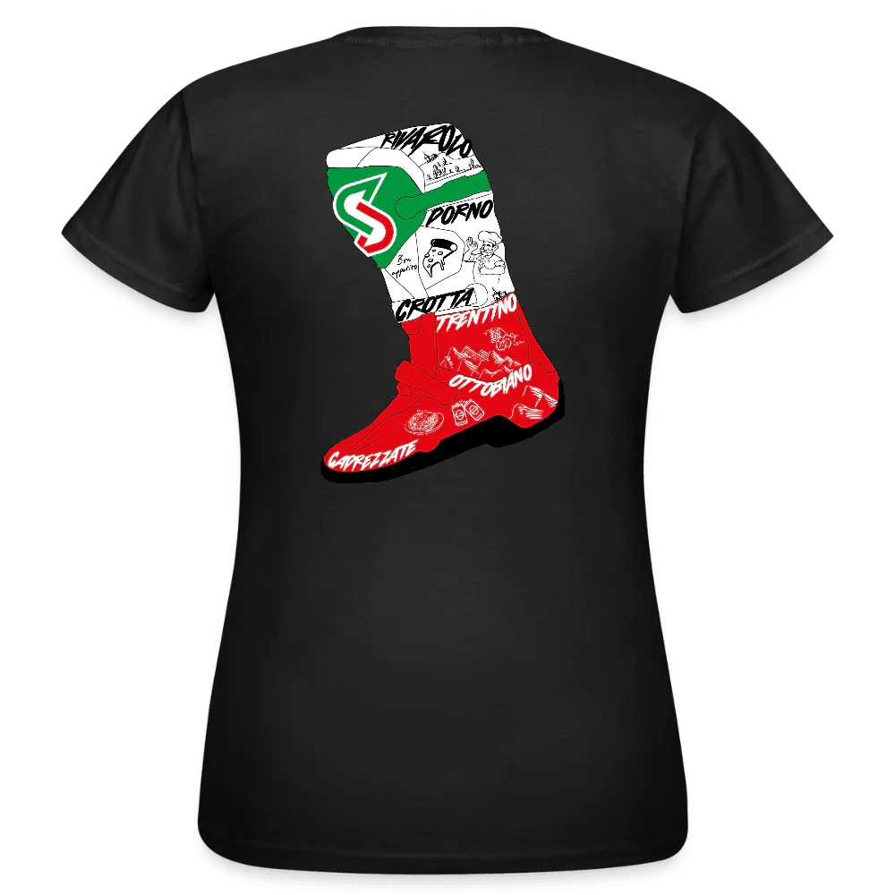 Schwarzes Damen T-Shirt mit Italien-Stiefel-Design in Rot, Weiß, Grün und Städtenamen.