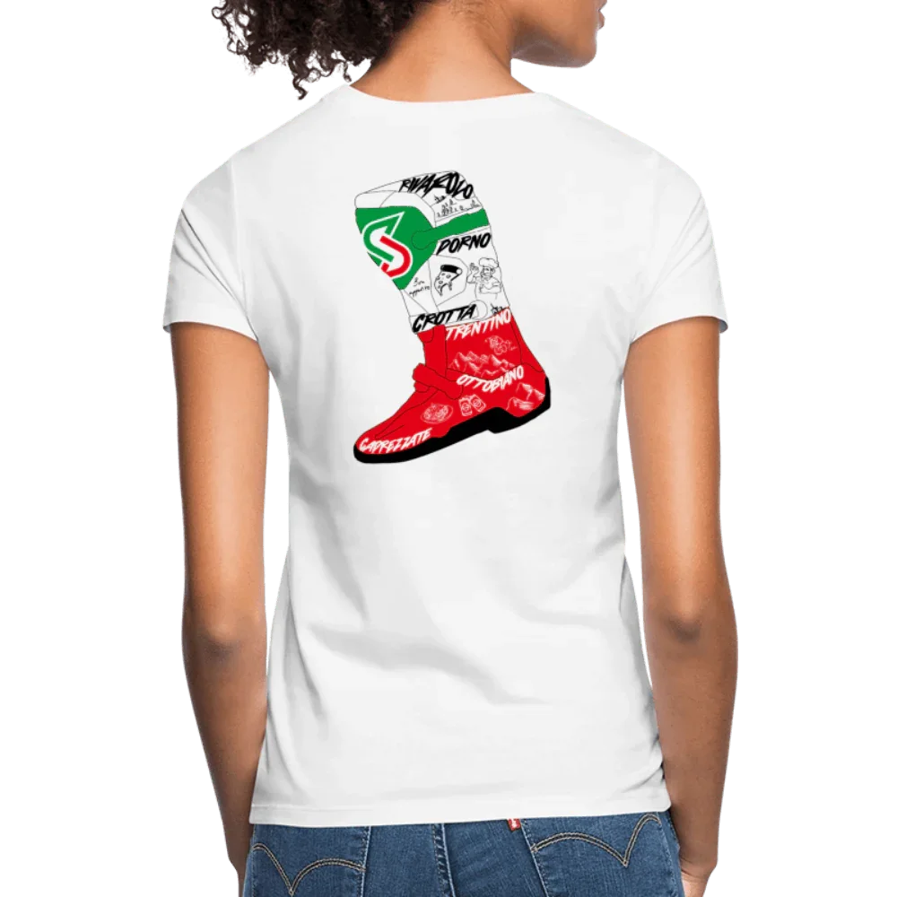 Weißes Damen T-Shirt mit Italien-Stiefel-Design und Städtenamen auf dem Rücken.