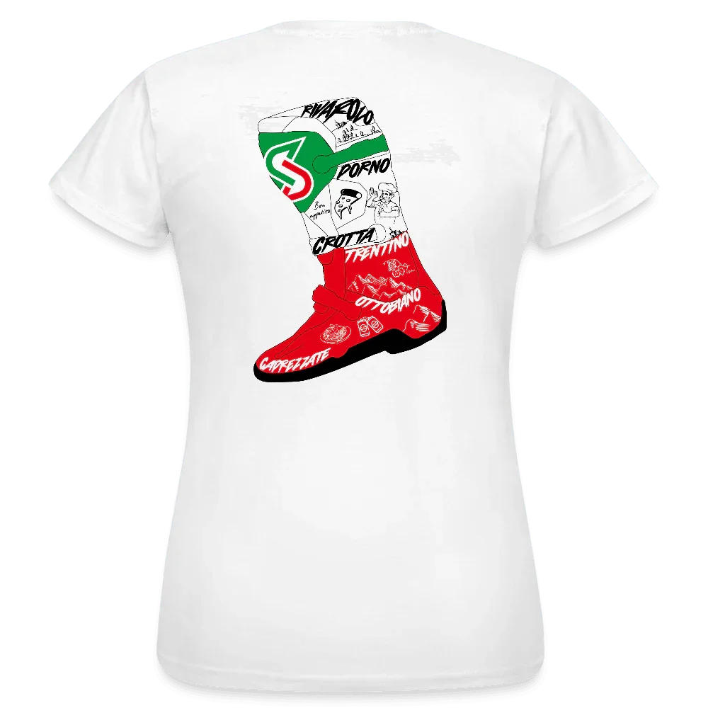 Weißes Damen T-Shirt mit großem, farbigem Stiefel-Design im Italien-Roadtrip-Stil auf dem Rücken.