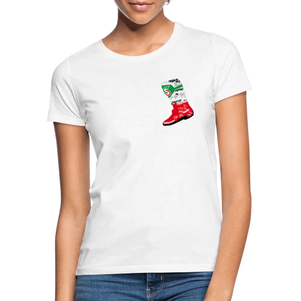 Weißes Damen T-Shirt mit Rundhalsausschnitt und Italien-Stiefel-Design auf der Brust.