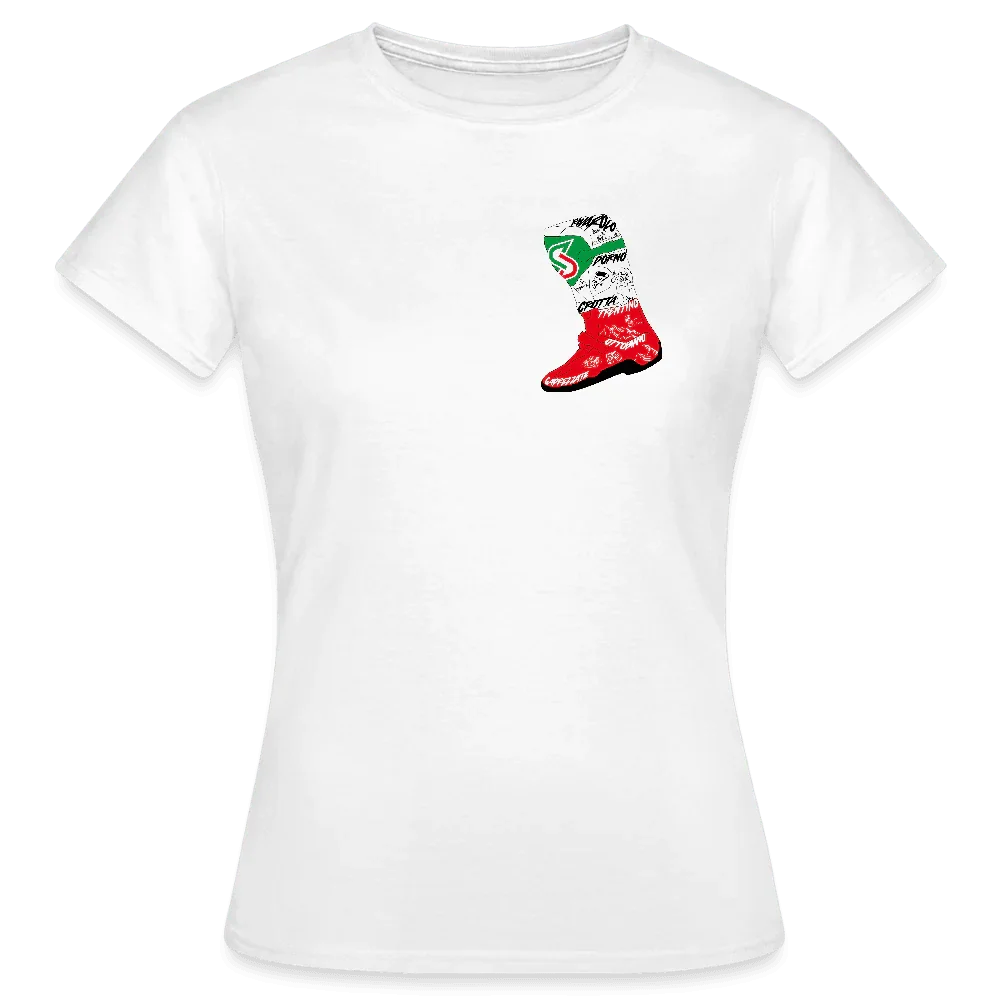 Weißes Damen T-Shirt mit kleinem, farbigem Stiefel-Design auf der Brust.