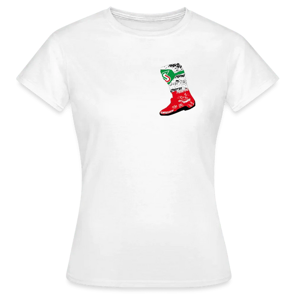 Weißes Damen T-Shirt mit kleinem, farbigem Stiefel-Design auf der Brust.