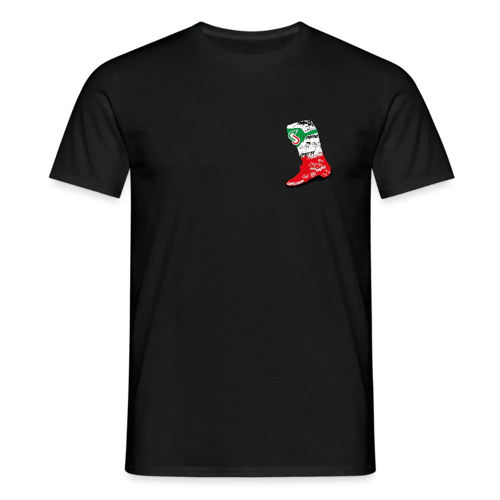 Sort herres t-shirt i bomuld med lille, farvet Italien-støvle-design på venstre bryst.