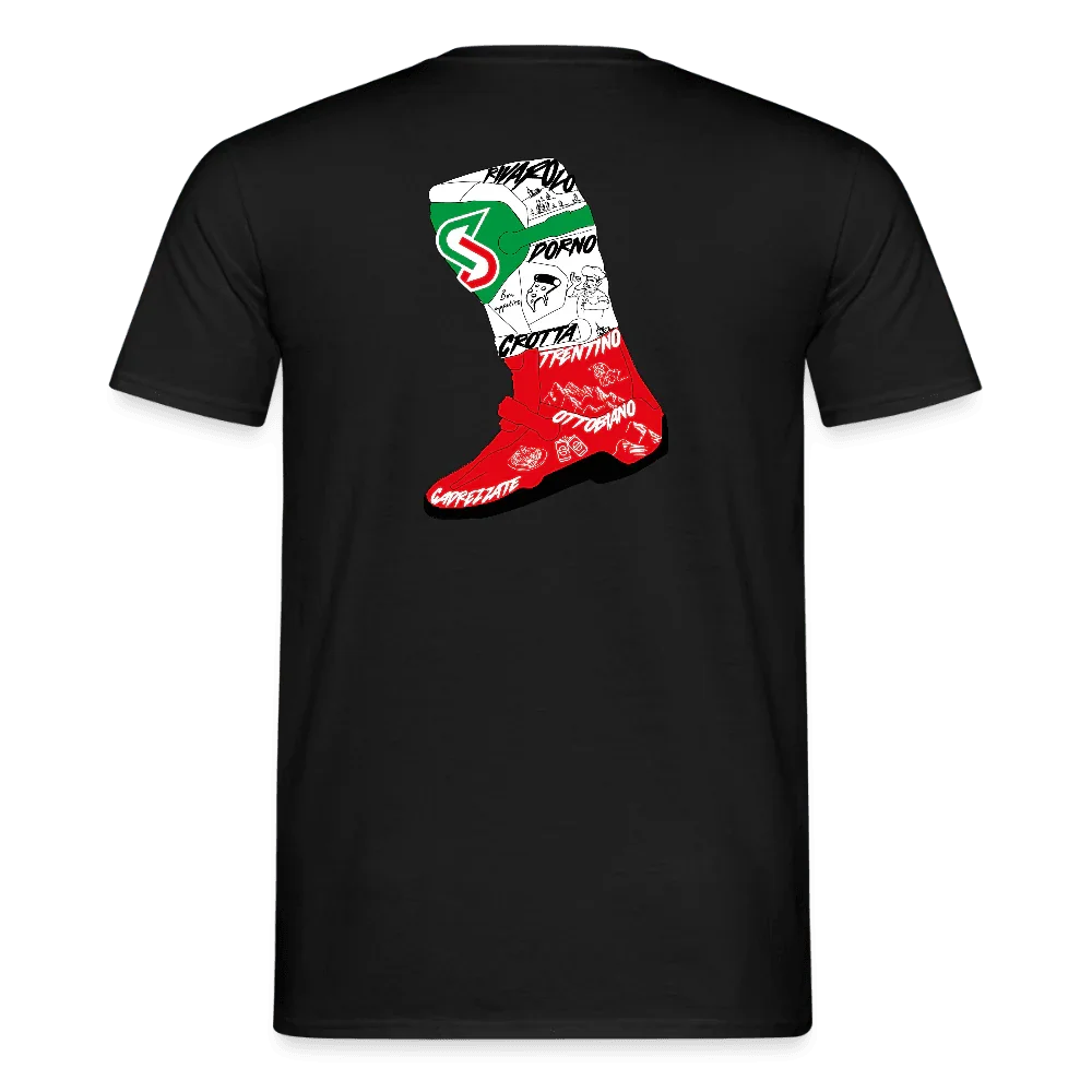 Sort herret-shirt med Italien-støvle-design i rød, hvid, grøn og bynavne.