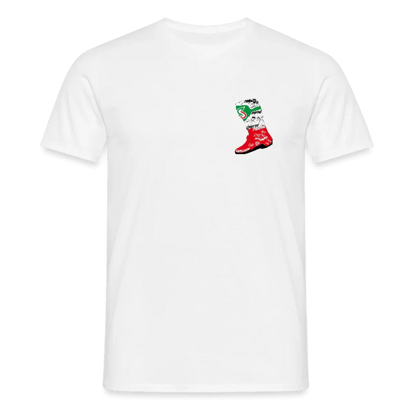 T-shirt blanc pour homme en coton avec petit design coloré de botte italienne sur la poitrine.