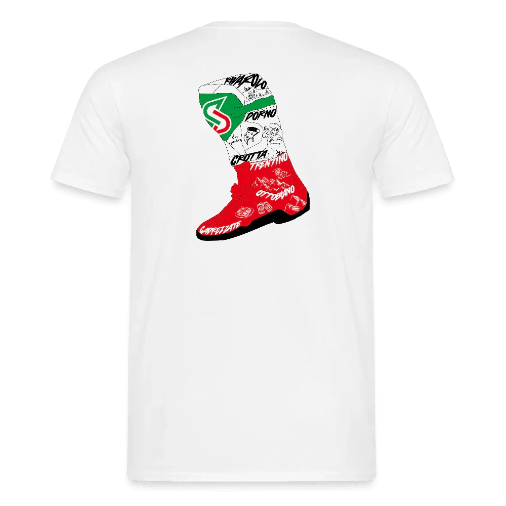Hvidt herreT-shirt med lige snit og rødt støvledesign, der minder om Italien.