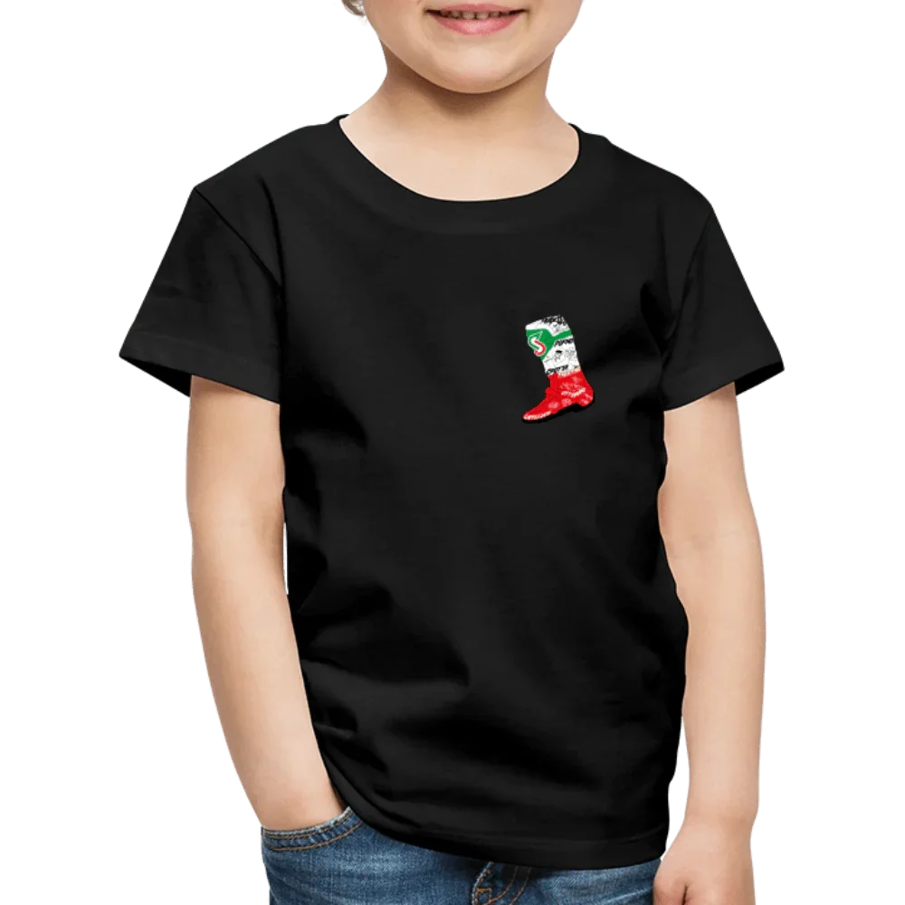 Sort børne-t-shirt i bomuld med Italien-flag-støvle-design på brystet.