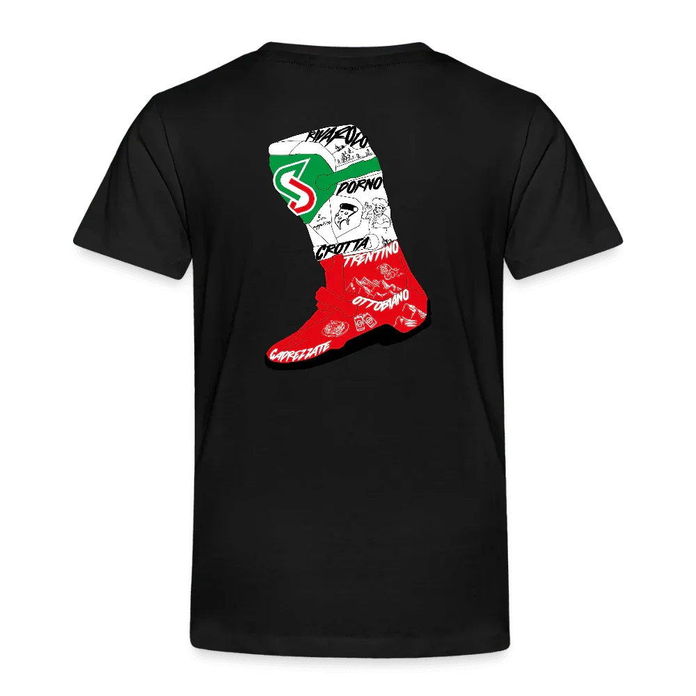 Sort børne-t-shirt med Italien-støvle-design i grøn, hvid, rød og bynavne.