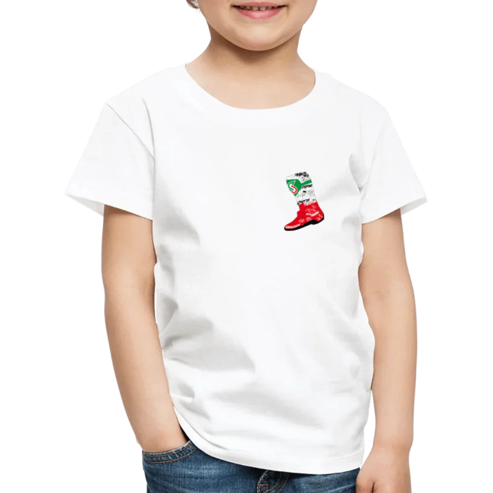 Hvidt børne-t-shirt med lille Italien roadtrip-design: rød sko og grønne, hvide, røde sokker.