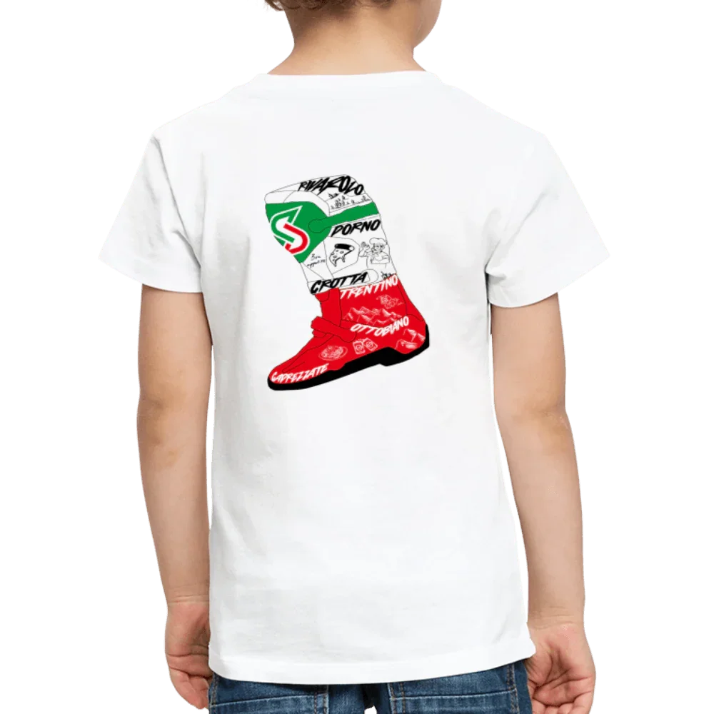 Hvidt børne-t-shirt med “Italy Roadtrip” støvle-design på ryggen.
