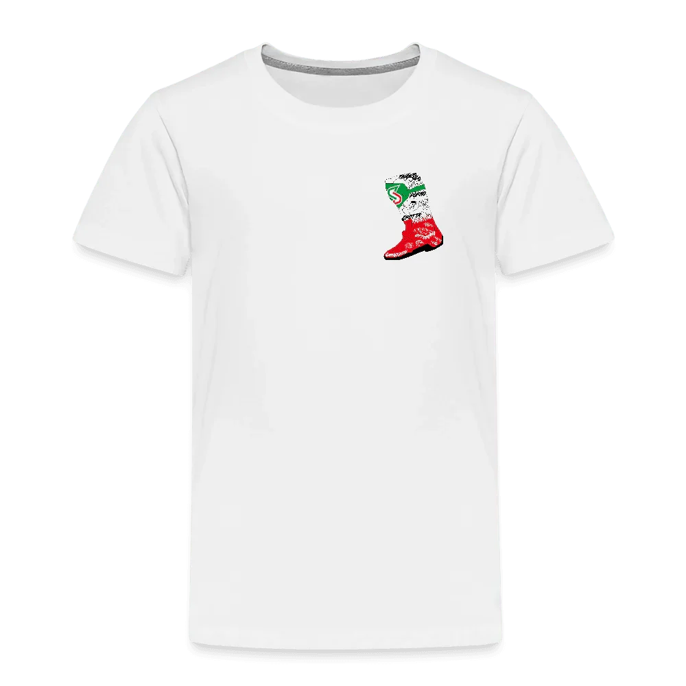 Hvidt børne-t-shirt med lille Italien-støvel-design på brystet.