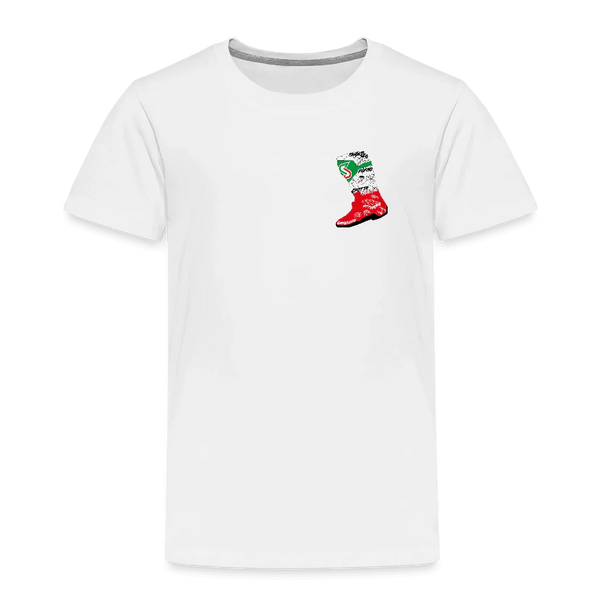 Weißes Kinder T-Shirt mit kleinem Italien-Stiefel-Design auf der Brust.