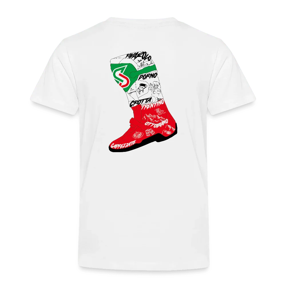Hvidt børne-t-shirt med Italien-støvle-design, grøn-hvid-rødt flag og bynavne.