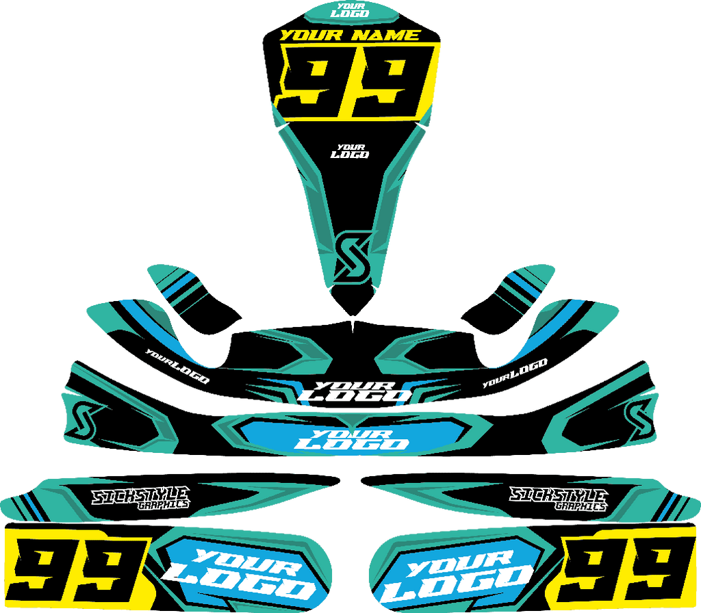 Custom kart graphics in turquoise, black, and yellow with space for name, logo, and race number 99.