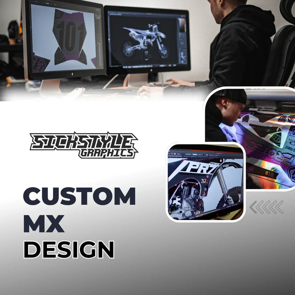 Mann entwirft individuelles MX-Bike-Dekor am PC, zeigt digitale Designs und den Druckprozess.