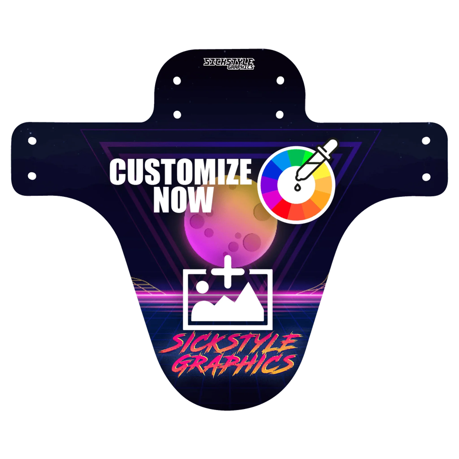 Guardabarros para MTB personalizable estilo años 80 con texto “Customize Now”, selector de color e icono de carga.