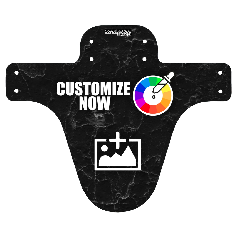 Customizable black MTB mudguard with cracked design, “CUSTOMIZE NOW” text, color wheel and upload icon.