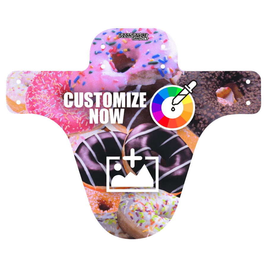 Customizable MTB mudguard with donut design, color selection, and logo upload option.