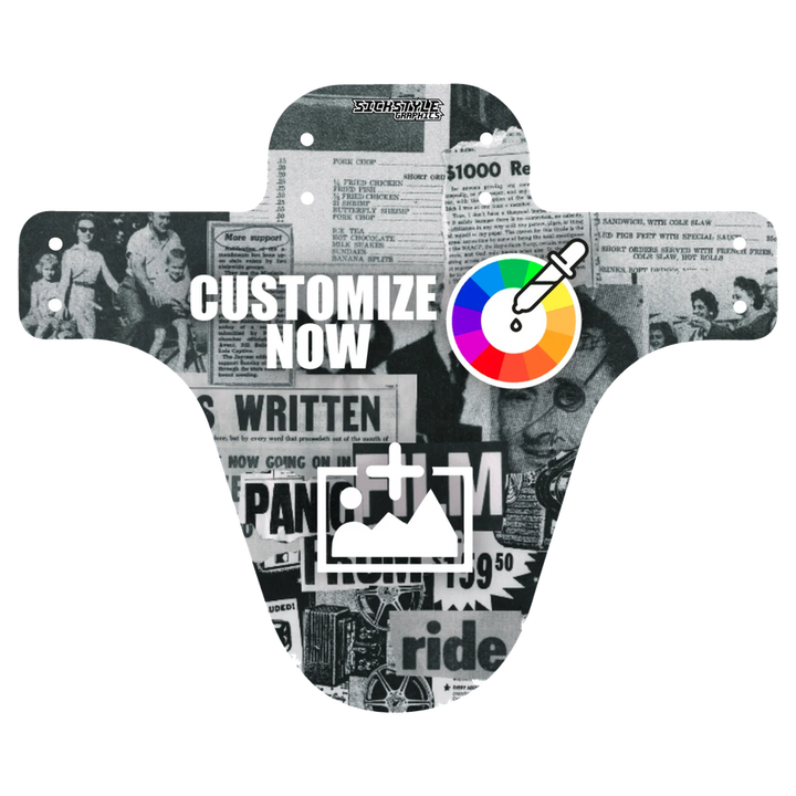 MTB-Mudguard „Newspaper“ im Zeitungs-Design, mit Optionen für eigene Farben und Logos.